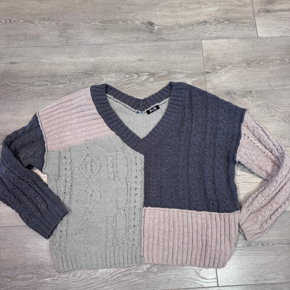 Miss Me Womens Colorblock Chenille Cable Knit V-Neck Sweater Grey Mauve Large L